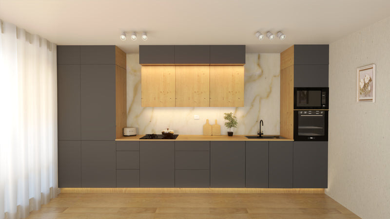 Nexa Küchenmöbel-Set KÜ03-L – Grau & Woodline – Stilvolle 460 cm Küchenlösung mit maximalem Stauraum und moderner Eleganz