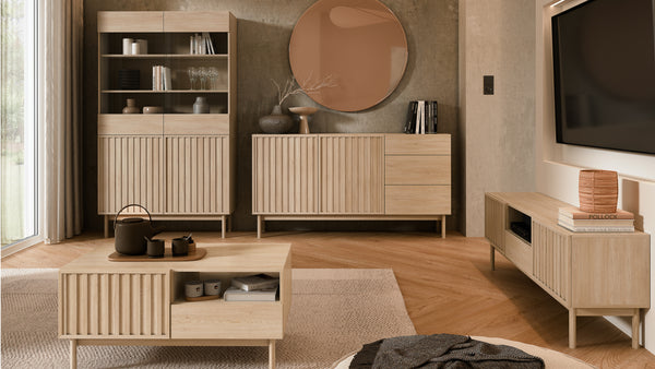Savira Wohnzimmer-Set 4-teilig – Modernes Wohnkonzept in Cremona Eiche mit geriffelten Fronten