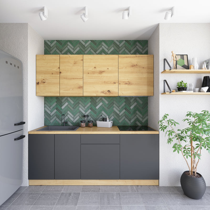 Nexa Küchenmöbel-Set – Modernes griffloses Design mit Push-to-Open System in Woodline / Schwarz Metallic