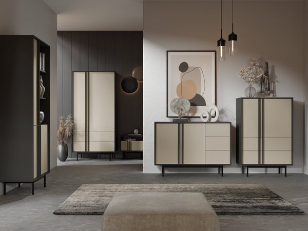 Alsy Schlafzimmer-Set 4-teilig mit Kleiderschrank, Kommode, Highboard und Nachttisch – Anthrazit / Hellbeige