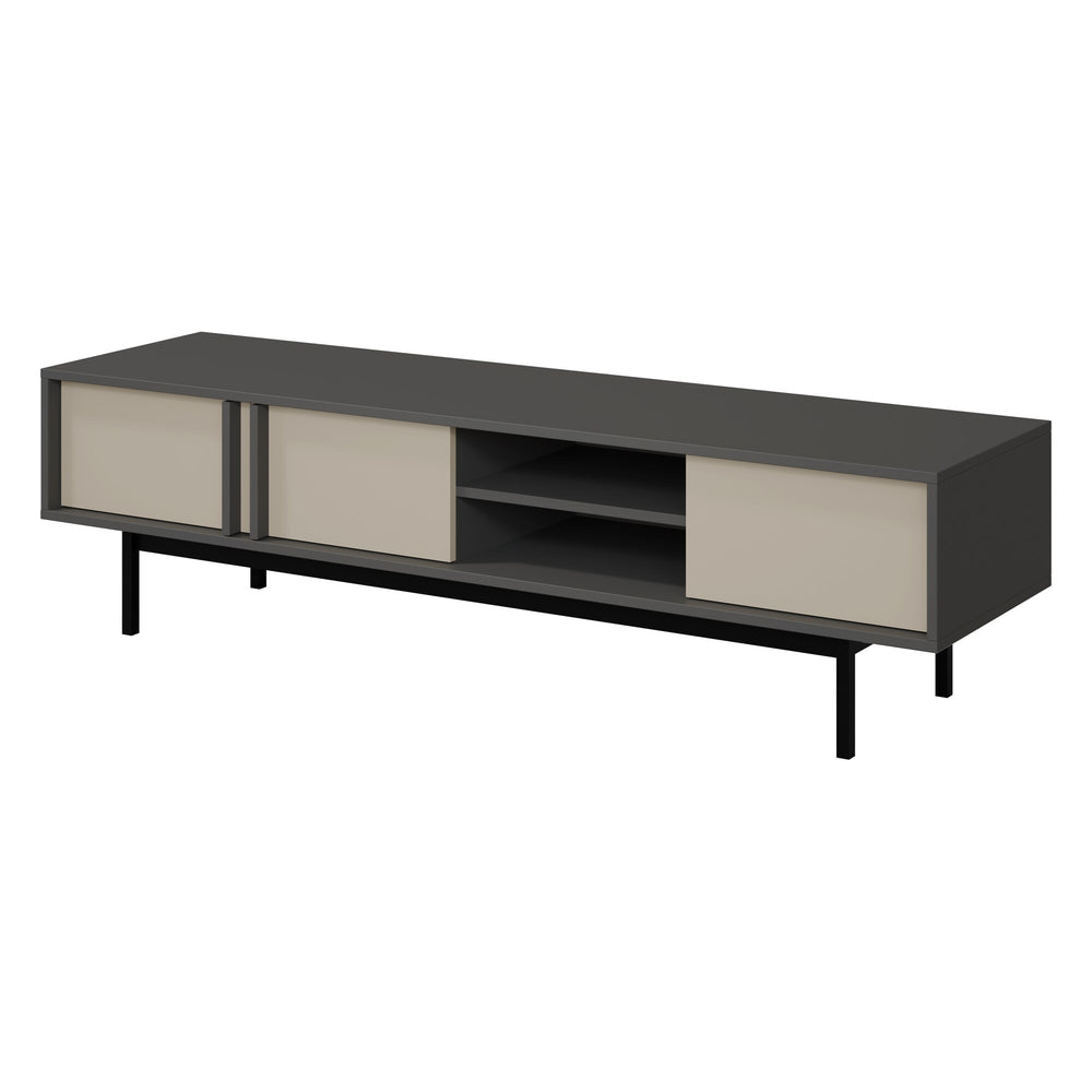 Alsy TV-Lowboard 163 cm mit 3 Türen und offenem Fach – Anthrazit / Hellbeige