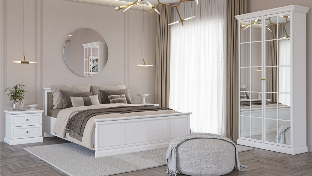 Livento Schlafzimmer-Set 4-teilig mit Bett 160 × 200 cm – Modernes Schlafkonzept in Opalweiß mit Spiegelschrank