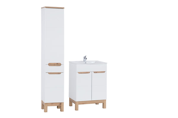 Badmöbel-Set Balvina Weiß 60 cm – Hochschrank + Waschbeckenunterschrank mit Waschbecken + Badzubehör