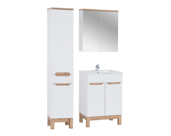 Badmöbel-Set Balvina Weiß 60 cm – Hochschrank + Waschbeckenunterschrank mit Waschbecken + Spiegelschrank