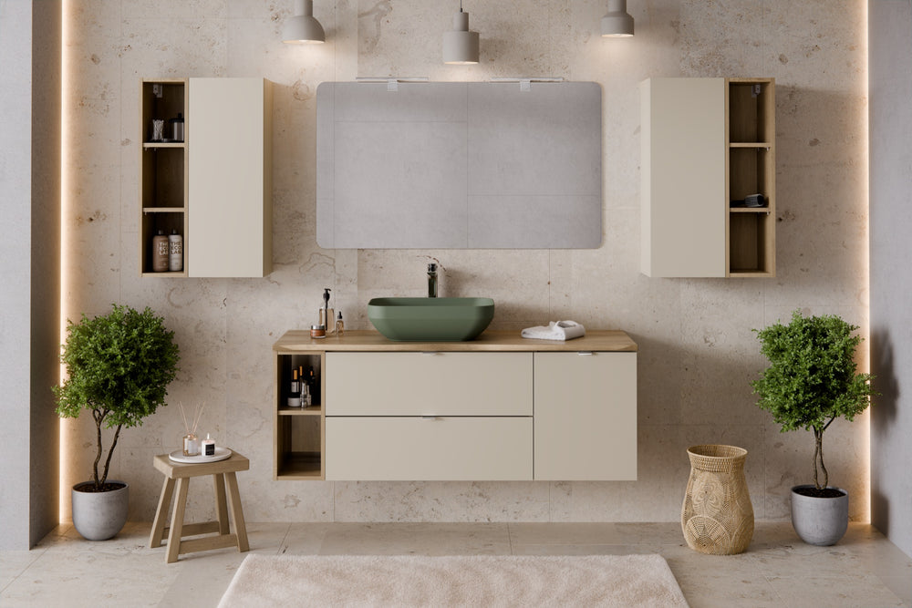 Badmöbel-Set Dalvira Kaschmir 80 cm – Waschbeckenunterschrank + Waschtischplatte + Regal