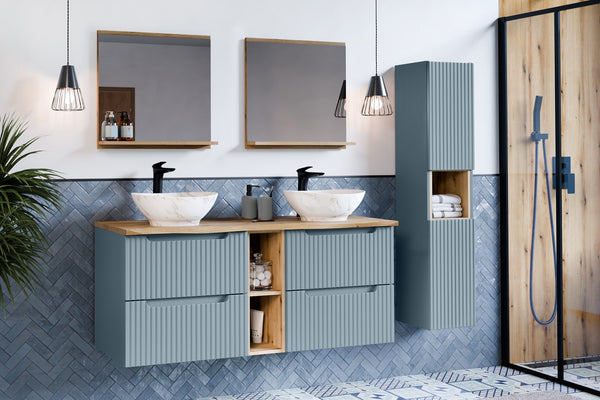 Badmöbel-Set Novira Denimblau 60 cm – Waschtischplatte + Waschbecken + Hochschrank