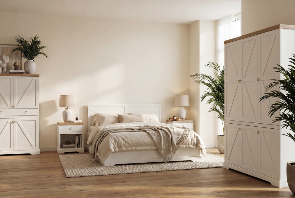 Bellmont Schlafzimmer-Set 5-teilig mit Bett 160 × 200 cm – Klassische Eleganz in Opalweiß / Cremona Eiche
