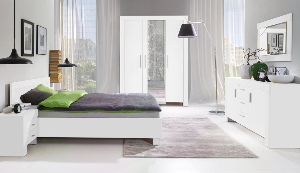 Cezar Schlafzimmer-Set 4-teilig mit Kleiderschrank, Sideboard, Nachttisch und Wandspiegel mit Rahmen – Weiß