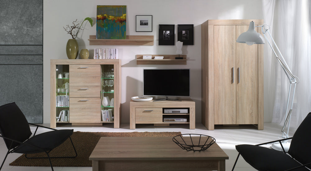 Cezar Wohnzimmer-Set 3-teilig mit Highboard-Vitrine, Kleiderschrank und TV-Lowboard – Sonoma Eiche