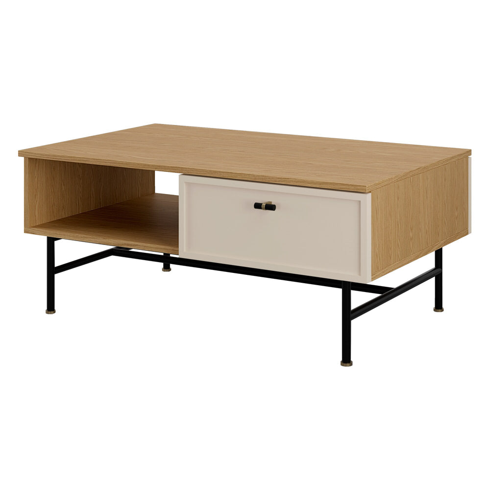 Elora Couchtisch 90 cm mit Schublade und offenem Fach – Frühlingseiche / Macadamia