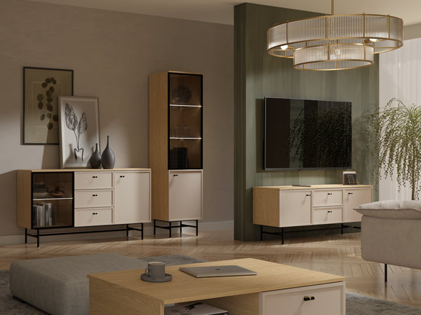 Elora Wohnzimmer-Set 4-teilig mit Sideboard mit Vitrinenteil – Frühlingseiche / Macadamia