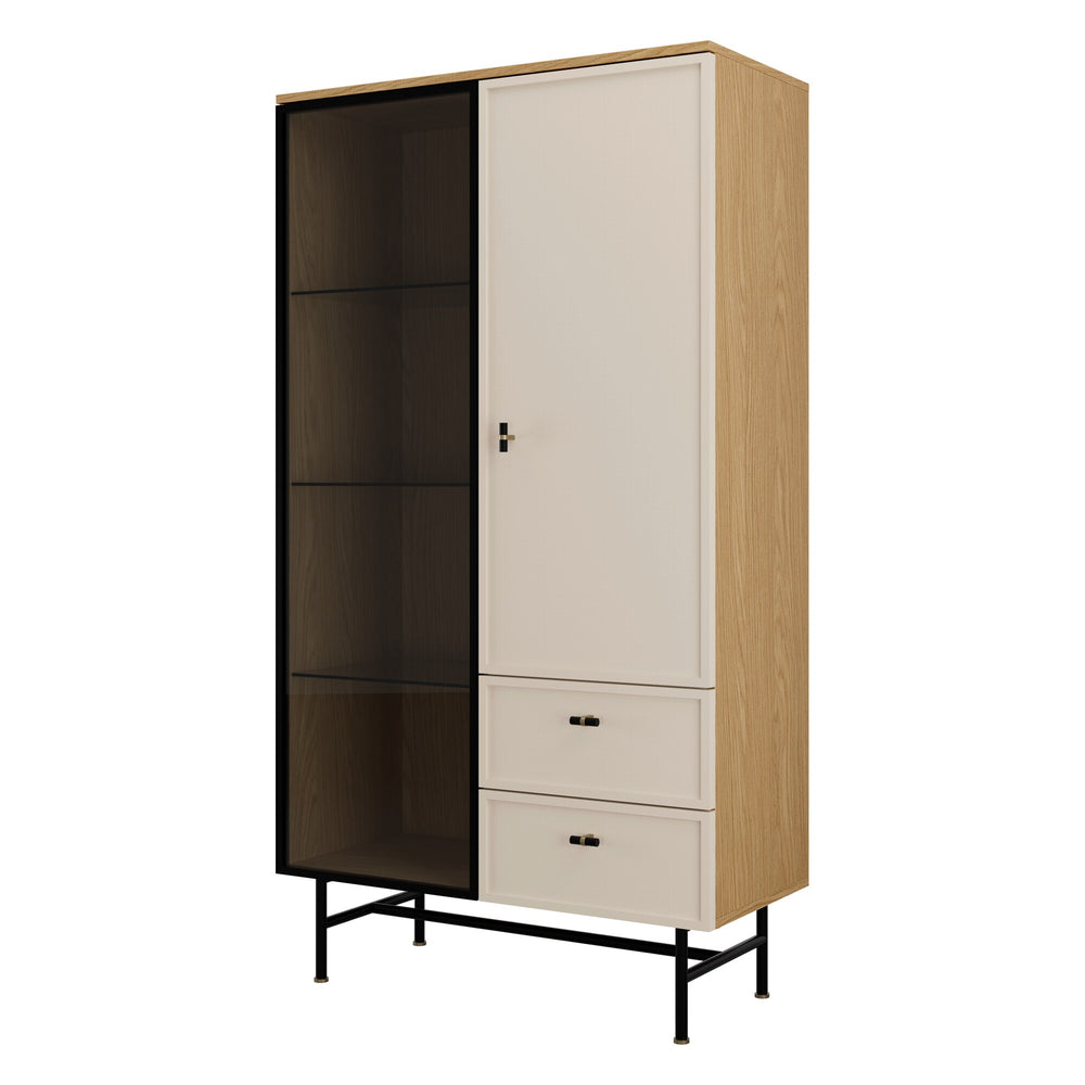 Elora Vitrine 90 cm mit 1 Glastür, 1 Tür und 2 Schubladen – Frühlingseiche / Macadamia