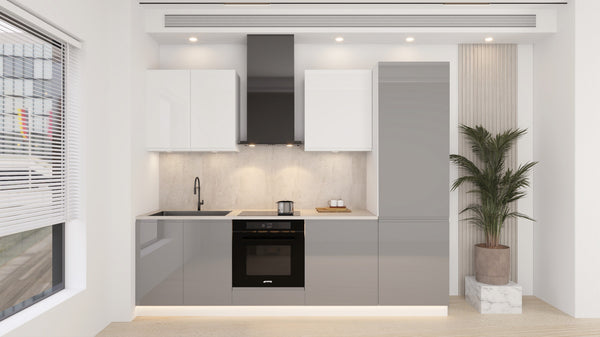 Küchenblock Velmora KÜ07 – 260 cm – Grau & Weiß Hochglanz – Moderne Küchenzeile ohne Arbeitsplatte