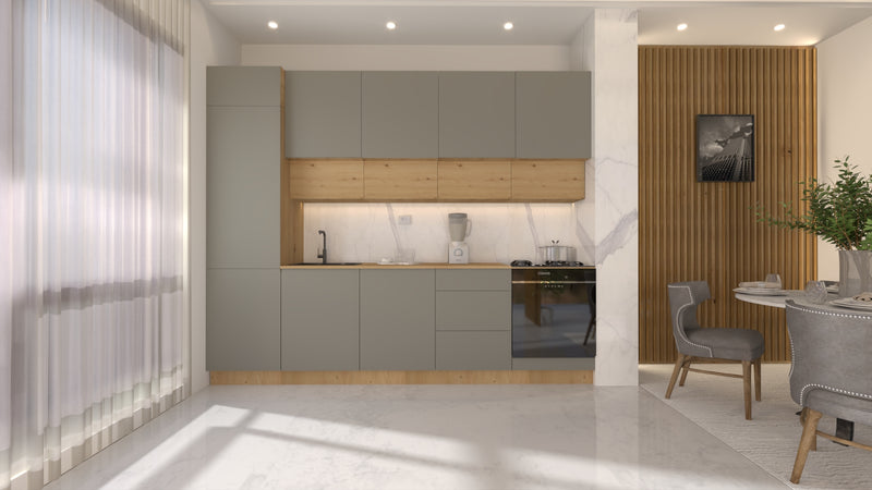 Nexa Küchenzeile KÜ06-L – Beige & Woodline – 300 cm – Moderne Familienküche mit Hochschrank und großzügigem Stauraum