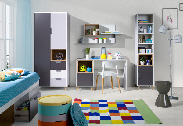 Joker Jugendzimmer-Set 5-teilig mit Kleiderschrank, Schreibtisch und Einzelbett 90 × 200 cm – Weiß / Graphit / Grau / Eiche Lefkas