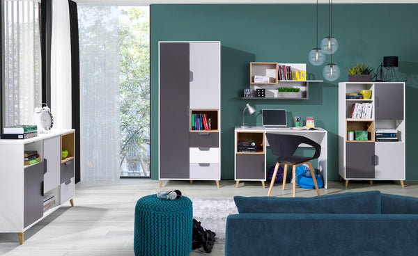 Joker Jugendzimmer-Set 4-teilig mit Kleiderschrank und Regal mit Türen – Weiß / Graphit / Grau / Eiche Lefkas