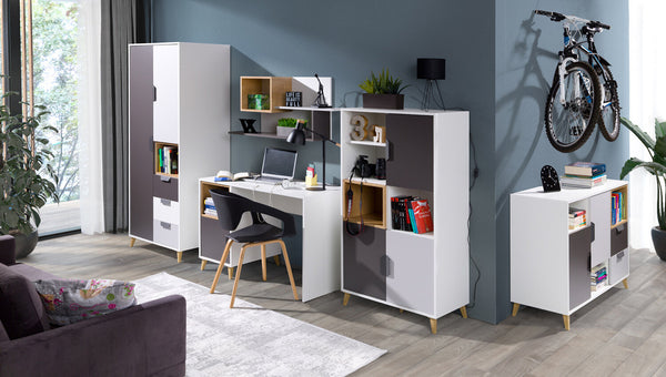 Joker Jugendzimmer-Set 5-teilig mit Kleiderschrank und Regal mit Türen – Weiß / Graphit / Grau / Eiche Lefkas