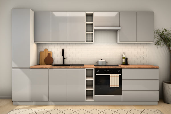 Küchenzeile Velmora Grau Hochglanz – 320 cm – mit Hochschrank und Herdumbauschrank – K91-G320