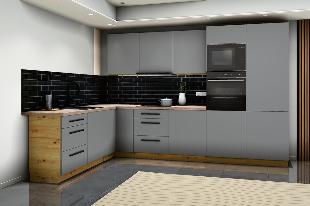 L-Küche Nexa Grau – 330 × 210 cm – mit Backofen-Hochschrank für 2 Geräte – K100-G330