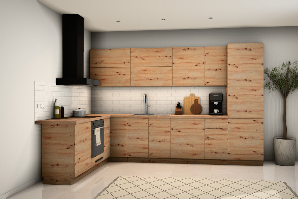 L-Küche Nexa Woodline – 330 × 210 cm – mit Hochschrank und Klappenhängeschränken – K53-G330