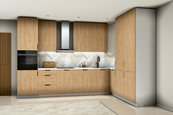 L-Küche Sorento Weiß & Sonoma Eiche – 360 × 220 cm – mit Backofen-Hochschrank – K41-G360