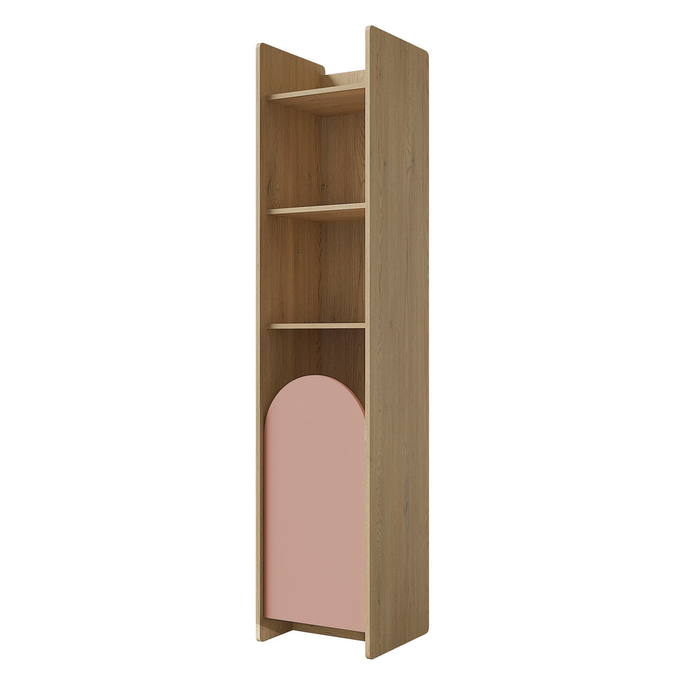 Lexi Hochregal schmal 43 cm mit 1 Tür und offenen Fächern – Cremona Eiche / Macadamia / Puderrosa
