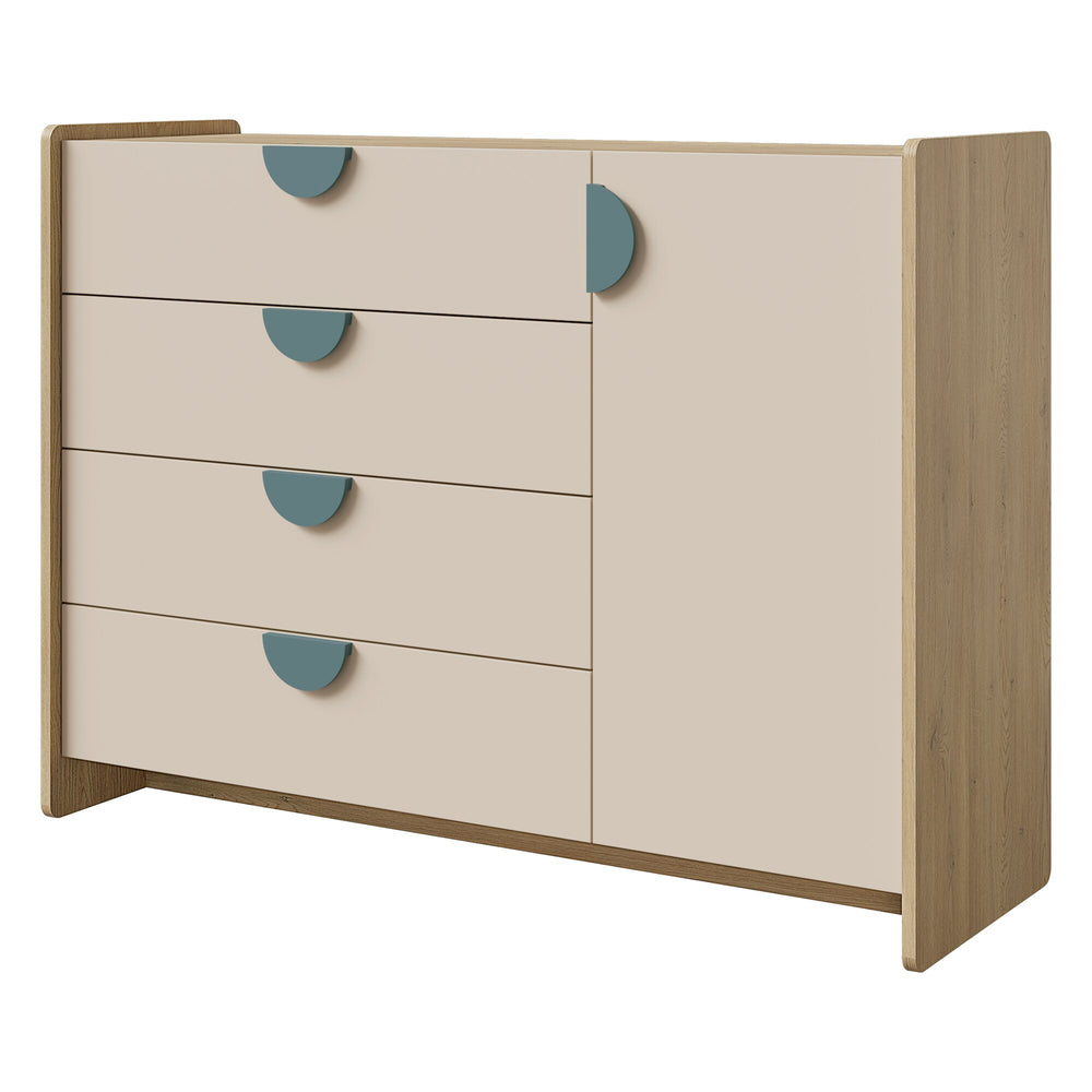 Lexi Kommode 123 cm mit 1 Tür und 4 Schubladen – Cremona Eiche / Macadamia / Meeresblau