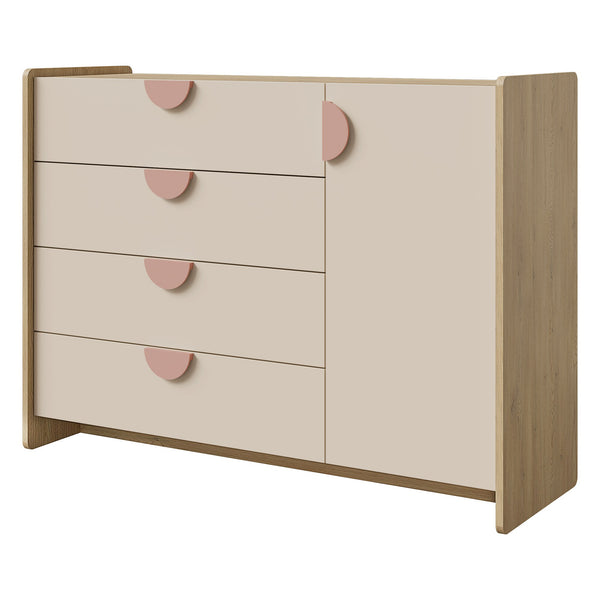 Lexi Kommode 123 cm mit 1 Tür und 4 Schubladen – Cremona Eiche / Macadamia / Puderrosa