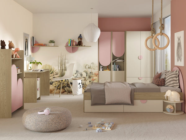 Lexi Jugendzimmer-Set 4-teilig mit Kleiderschrank und Bett 90 × 200 cm – Cremona Eiche / Macadamia / Puderrosa