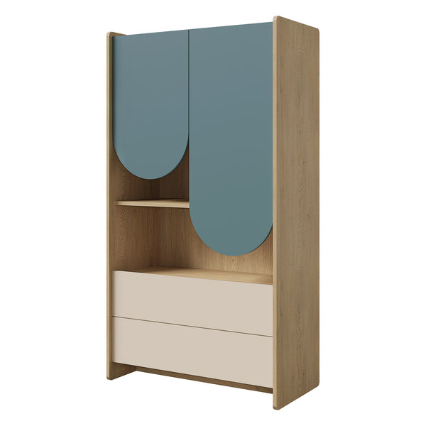 Lexi Regal 83 cm mit 2 Türen, 2 Schubladen und offenem Fach – Cremona Eiche / Macadamia / Meeresblau