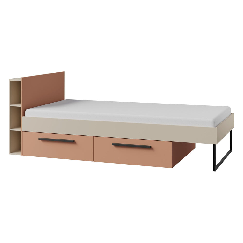 Lorin Bett 90 × 200 cm mit 2 Schubladen und Regal-Kopfteil – Kaschmir / Alpaka