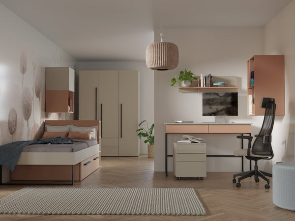 Lorin Jugendzimmer-Set 6-teilig mit Kleiderschrank und Bett 90 × 200 cm mit 2 Schubladen und Kopfteil-Regal – Kaschmir