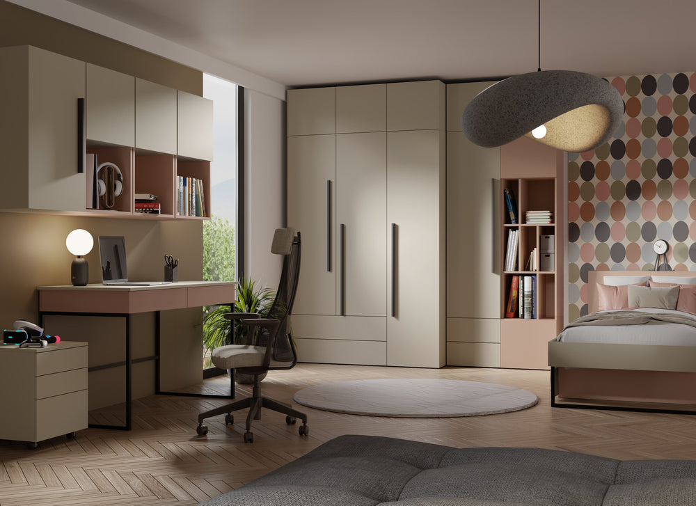 Lorin Jugendzimmer-Set 10-teilig mit Kleiderschrank und Bett 90 × 200 cm mit 2 Schubladen und Kopfteil-Regal – Kaschmir