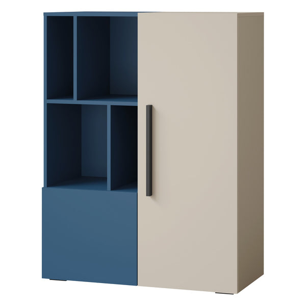 Lorin Regal 90 cm mit 2 Türen und offenen Fächern – Kaschmir / Meeresblau