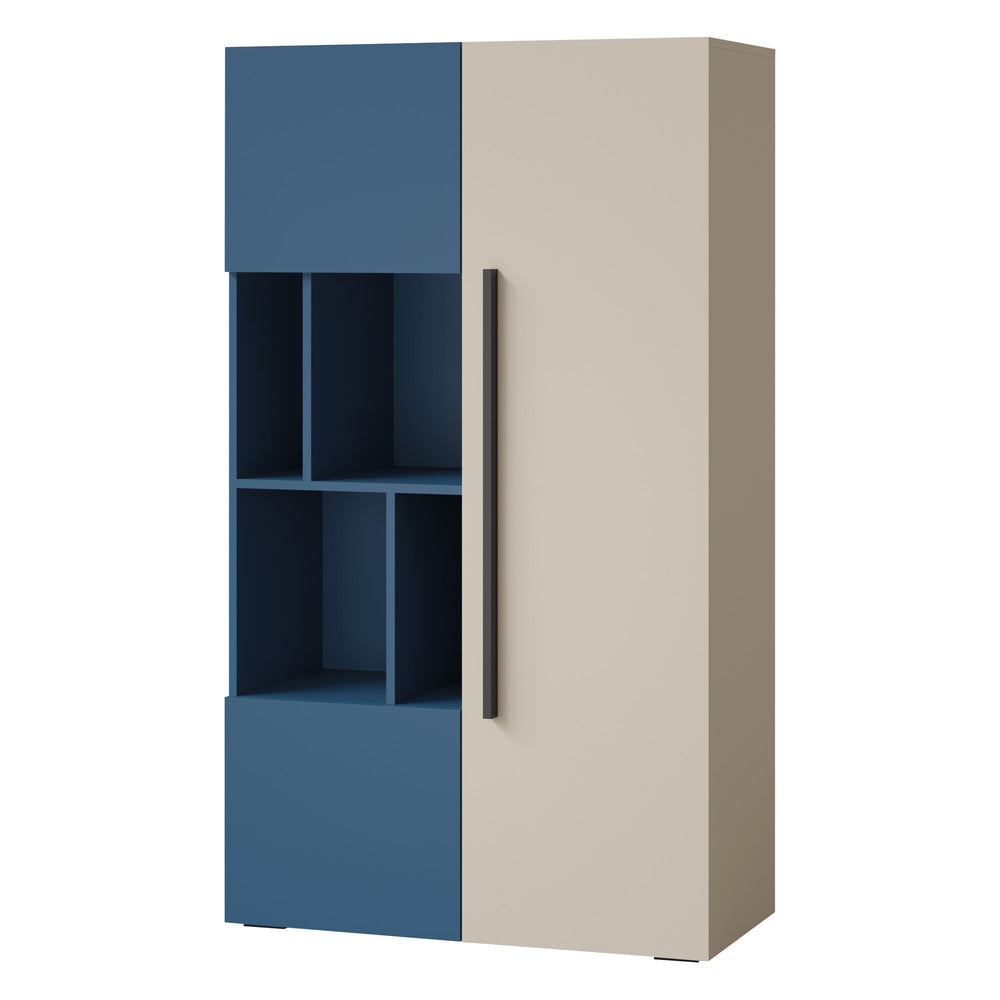 Lorin Regal 90 cm mit 3 Türen und offenen Fächern – Kaschmir / Meeresblau