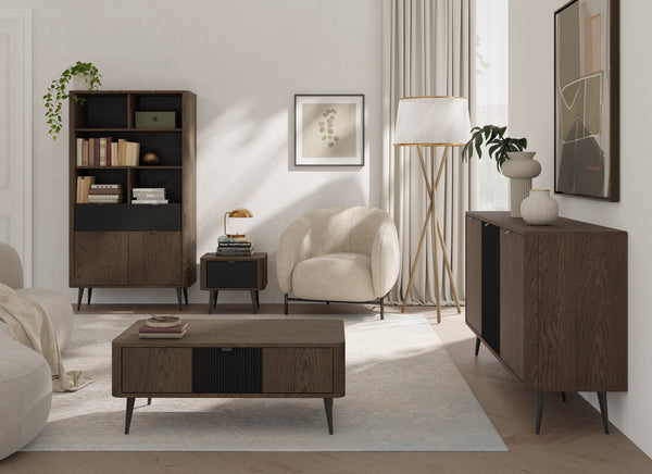 Marly Wohnzimmer-Set 4-teilig mit Regal mit Türen und Schublade, Couchtisch, Sideboard und Nachttisch – Baltic Storm