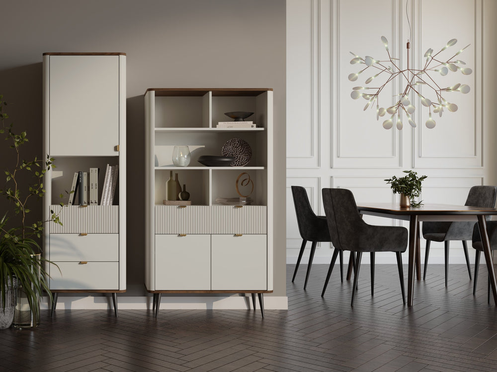 Marly Wohnzimmer-Set 2-teilig mit Hochschrank schmal und Regal mit Türen und Schublade – Kaschmir / Walnuss