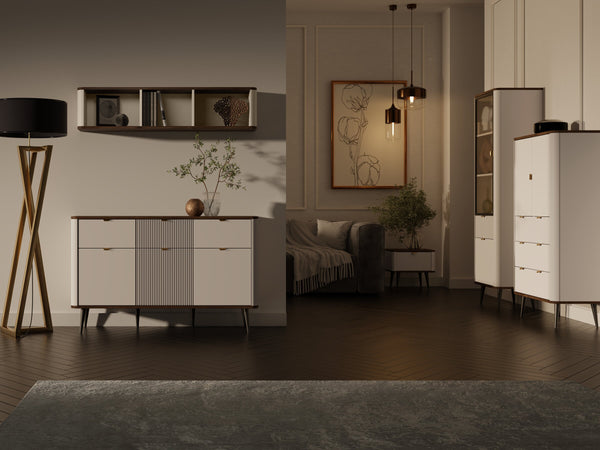 Marly Schlafzimmer-Set 5-teilig mit Highboard, Standvitrine schmal und Kommode – Kaschmir / Walnuss