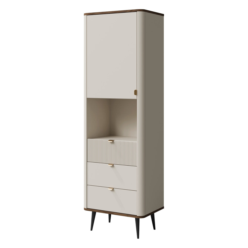 Marly Schmaler Hochschrank 60 cm mit 1 Tür, 3 Schubladen und offenem Fach – Kaschmir / Walnuss