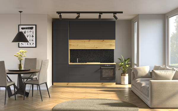 Küchenzeile Nexa Grau & Woodline – 240 cm – mit Hochschrank