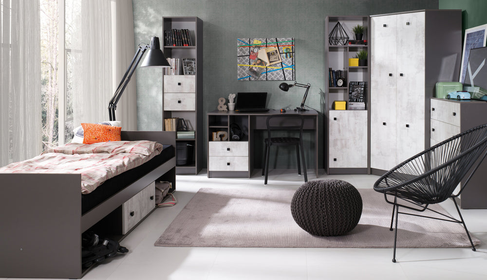 Tommy Jugendzimmer-Set 5-teilig mit Eckkleiderschrank und Einzelbett 90 × 200 cm mit Schublade – Graphit / Enigma