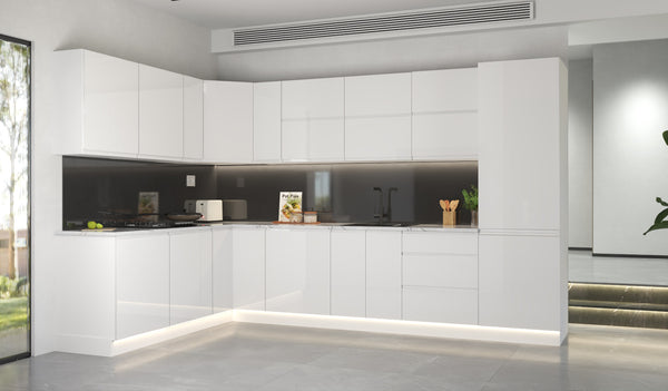 L-Küche Velmora Weiß Hochglanz – 330 × 210 cm – KÜ-AS-001