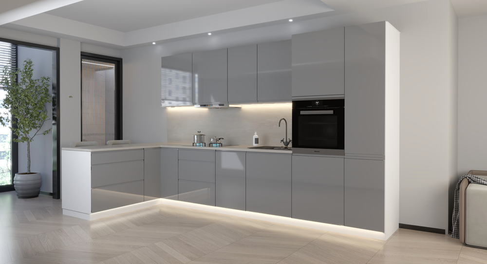 L-Küche Velmora Grau Hochglanz – 355 × 170 cm – KÜ-AS-017