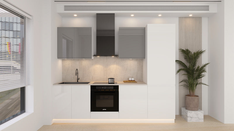 Küchenblock Velmora KÜ07 – 260 cm – Weiß & Grau Hochglanz – Moderne Küchenzeile ohne Arbeitsplatte