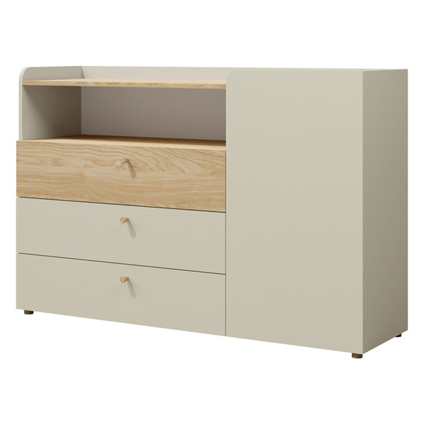 Yuki Kommode 140 cm mit 1 Tür, 3 Schubladen und offenem Fach – Graubeige / Eiche geölt