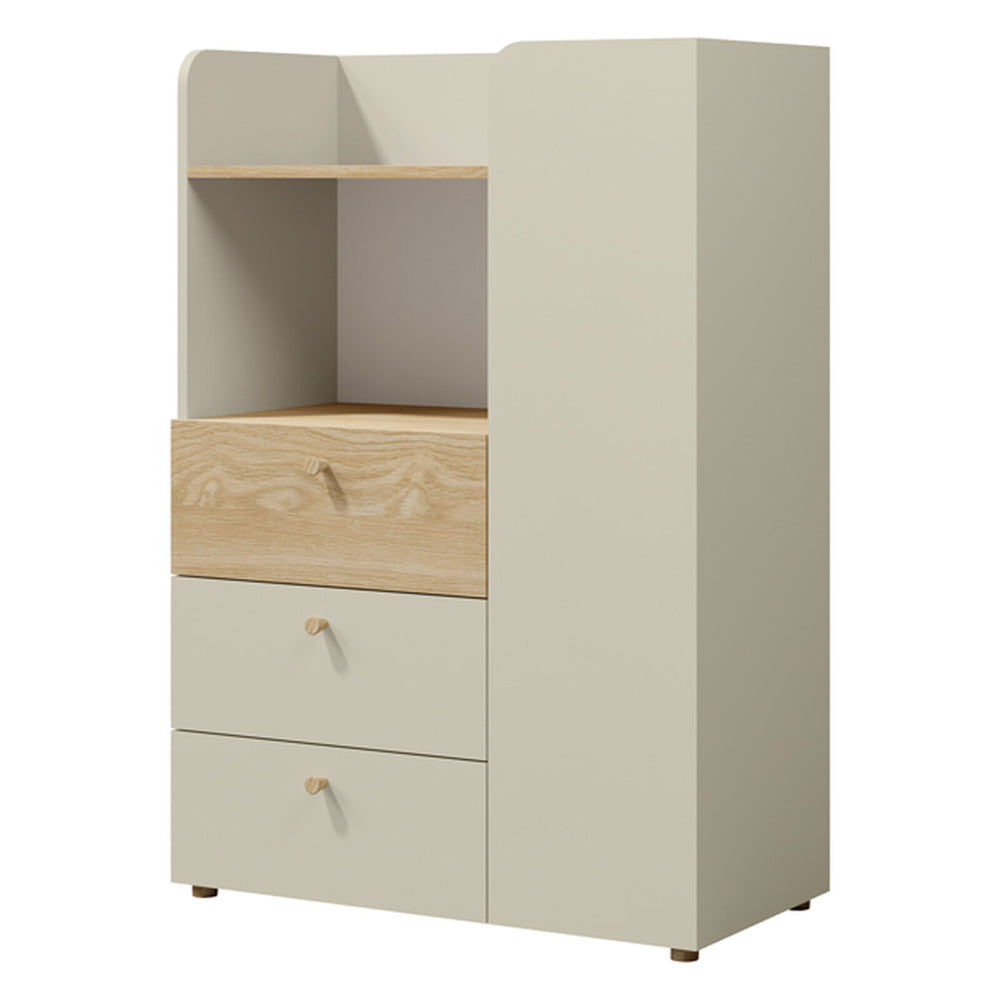 Yuki Regal 80 cm mit 1 Tür, 3 Schubladen und offenem Fach – Graubeige / Eiche geölt