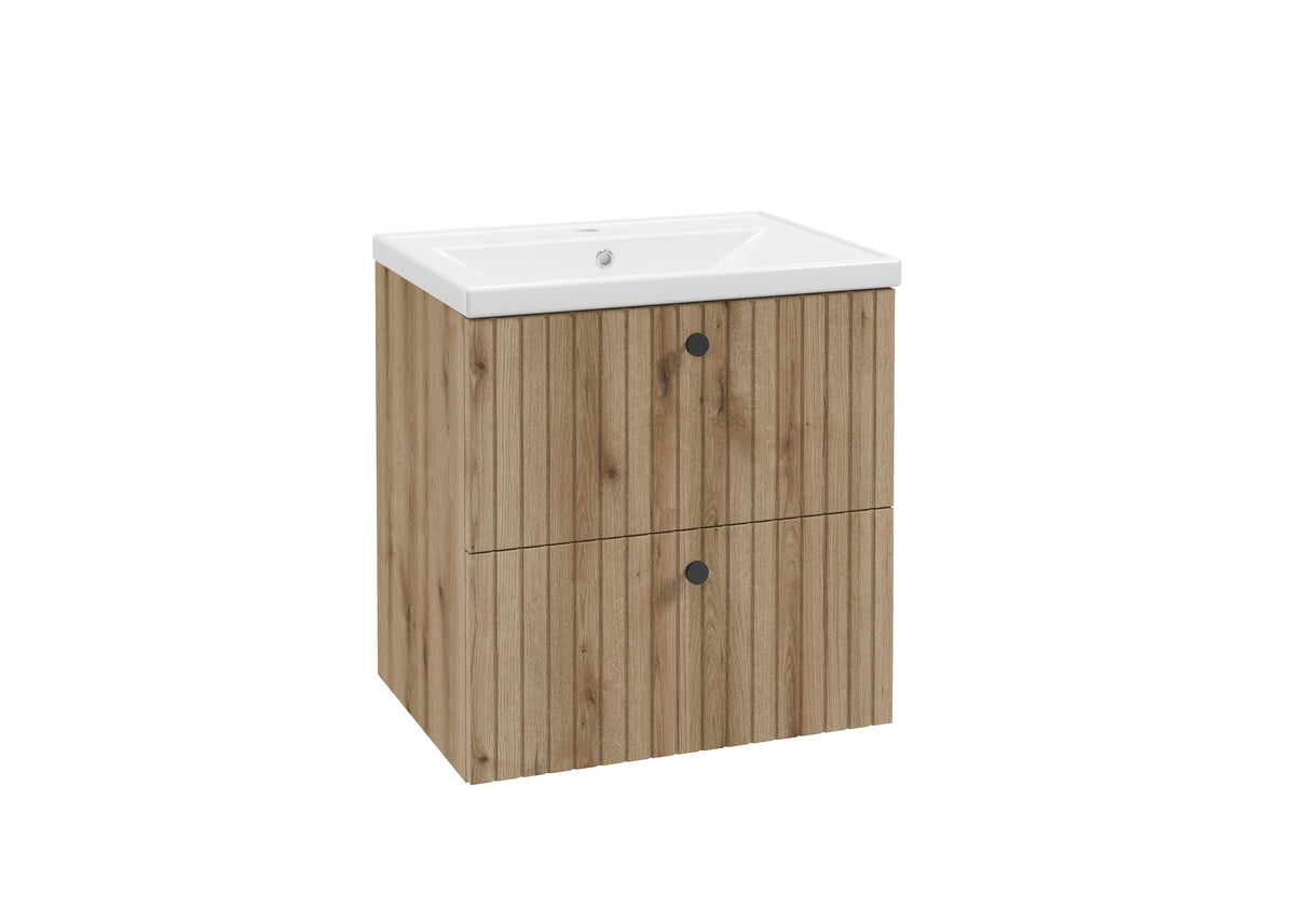 Badezimmer in Holzoptik: Badezimmer-Set Rietti 60 cm in Eiche und Weiß Hochglanz