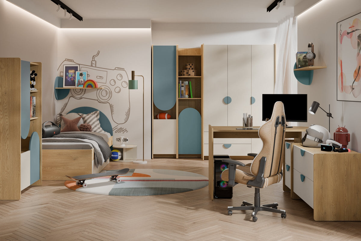 Jugendzimmer einrichten: Zimmer mit Möbeln der Serie Lexi in Cremona Eiche, Macadamia und Meeresblau
