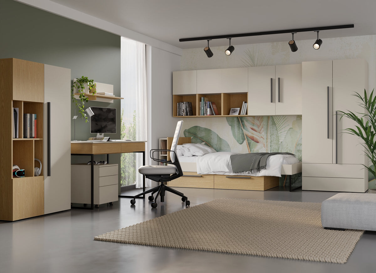 Homeoffice im Schlafzimmer: Möbel der Serie Lorin mit Schreibtisch, Bett und Kleiderschrank in Kaschmir / Frühlingseiche