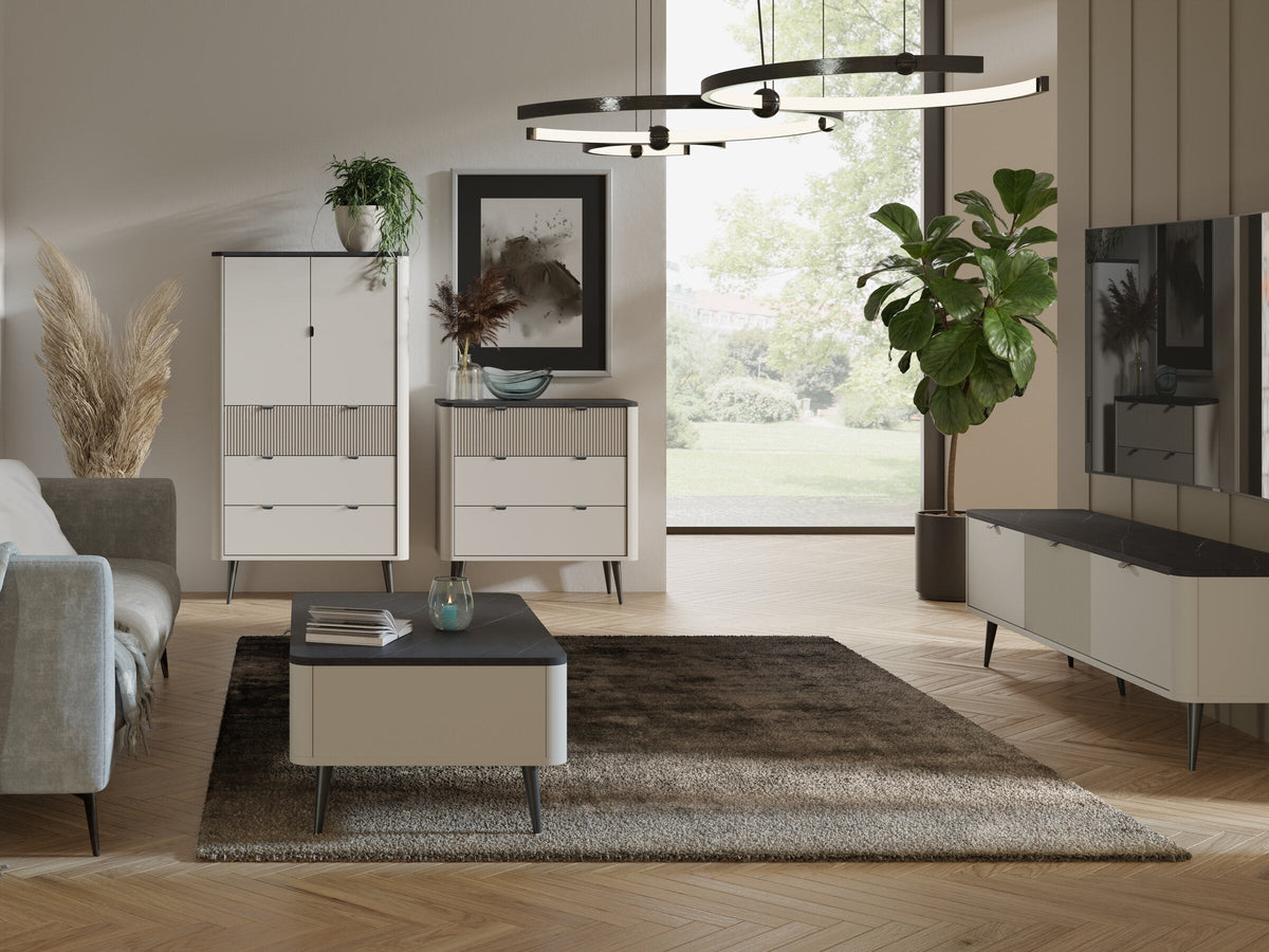 Möbelserien: Marly Wohnzimmer-Set mit Highboard, Kommode und Couchtisch in Kaschmir und Grauer Stein